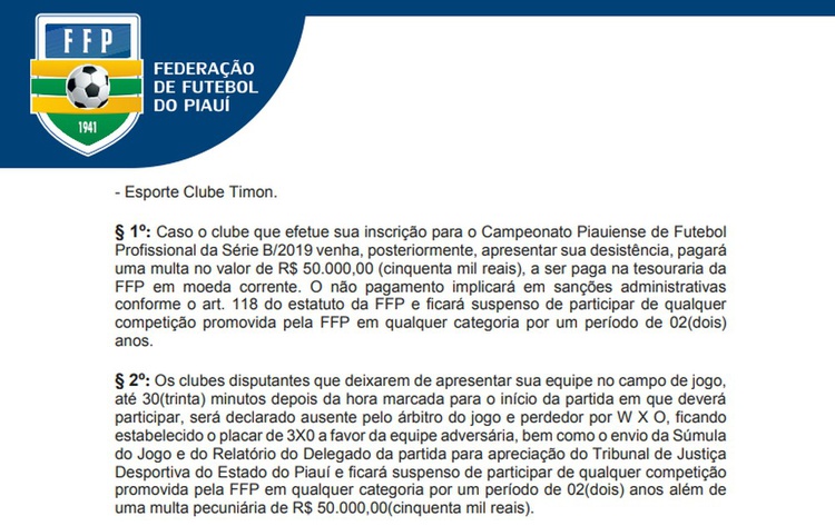 Decisão da FFP isenta Fluminense-PI de pagar multa de R$ 50 mil.